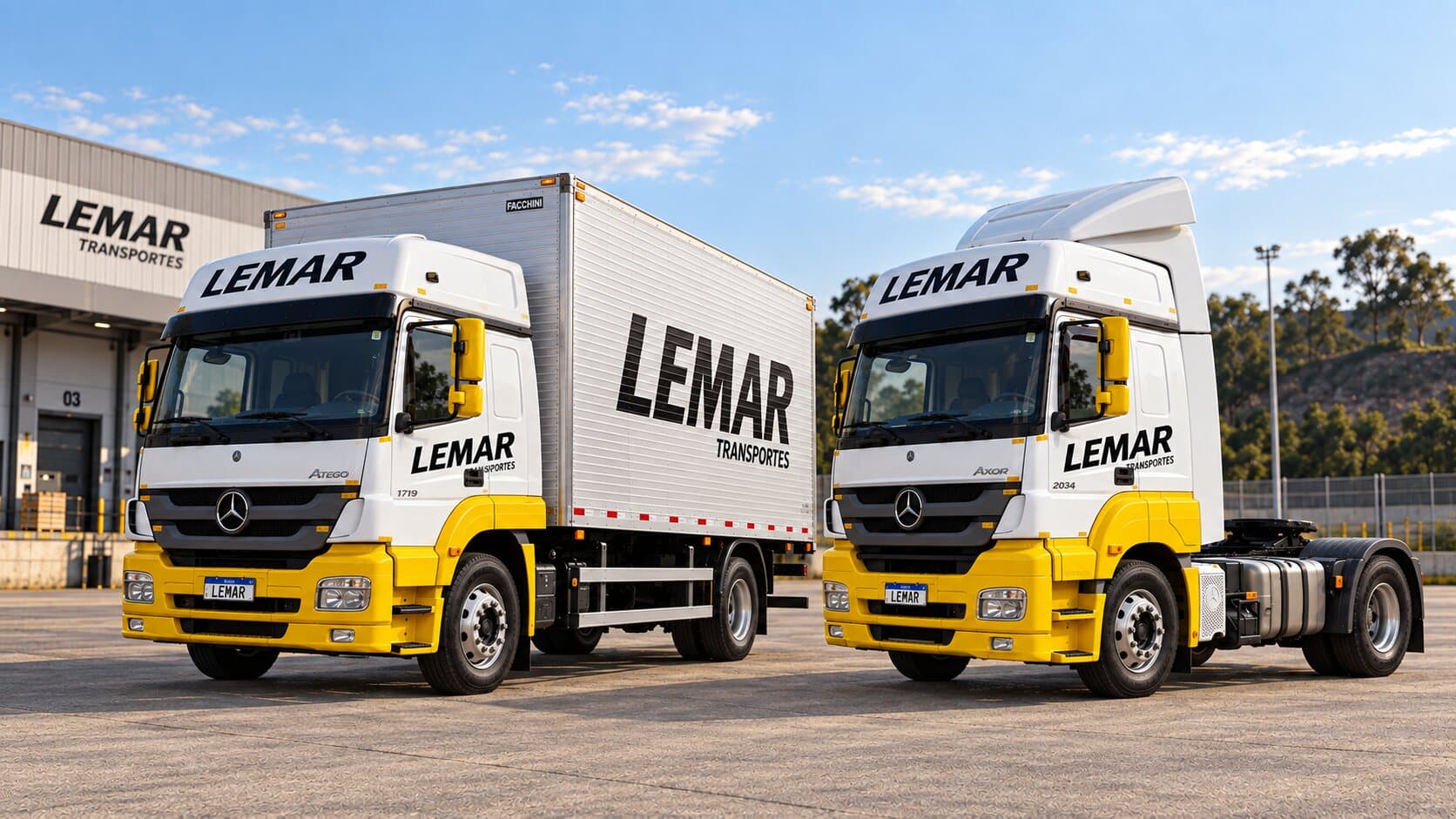 Caminhões da frota Lemar Transportes no pátio